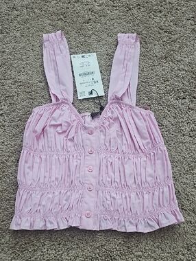 Zara Pink Smocked Button-Front Crop Top